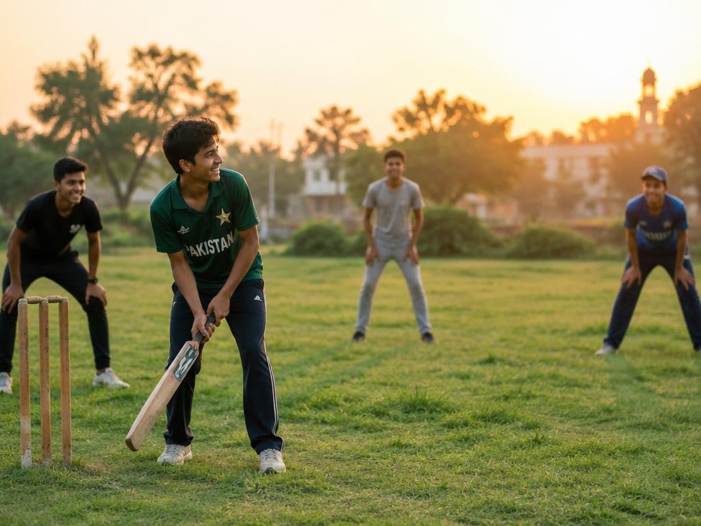 Friends playing cricket at sunset