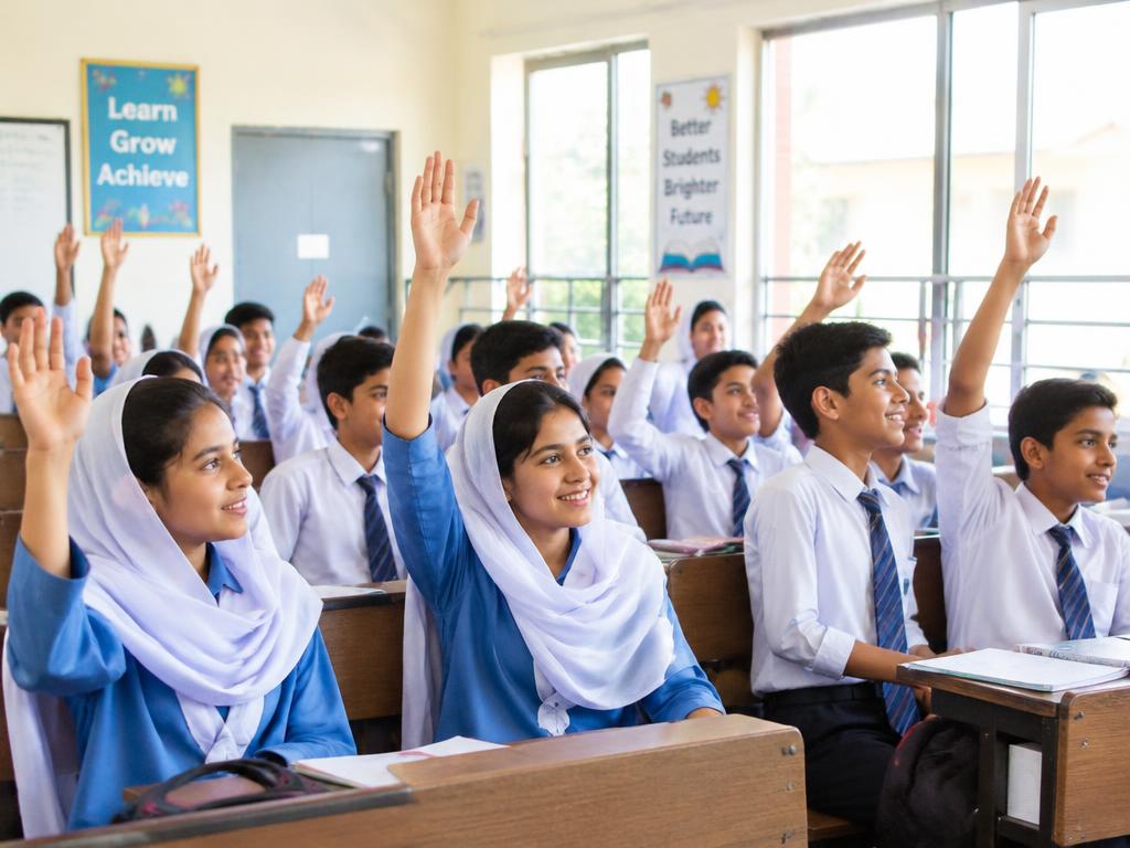 Students raising hands during a school talk